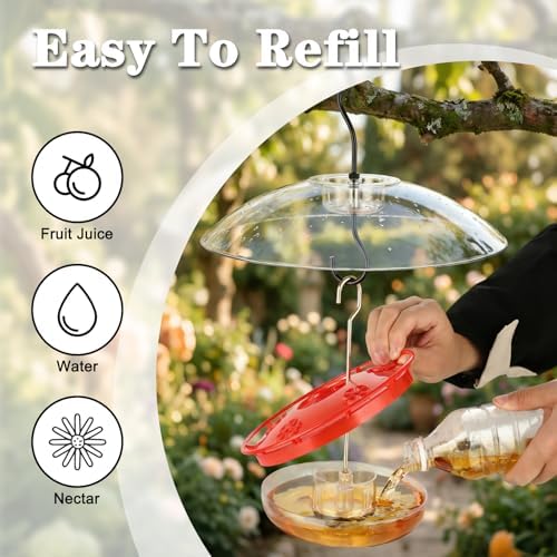 FEED GARDEN Hummingbird Feeder with Rainproof Dome, 16oz Nectar Feeder 11.8" Rain Guard Weatherproof Ant Moat Easy Fill & Clean Hanging Leak-Proof BPA-Free