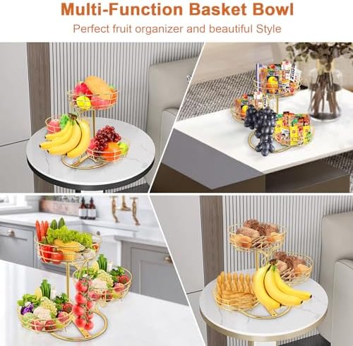 Livabber Fruit Basket Bowl with Banana Hanger, Fruit Vegetable Storage Basket with Banana Tree Holder for Kitchen Counter, Detachable Organizer for Bread Snack Produce (Gold, 3-Tier Metal Base)