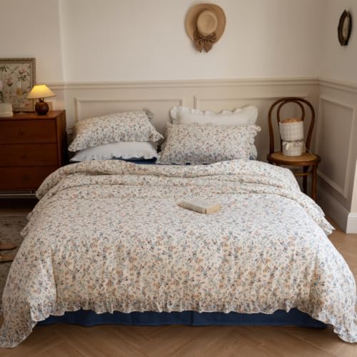 Girl's Small Floral Print Duvet Cover Set Twin Ruffled Bedding,Blue Flower