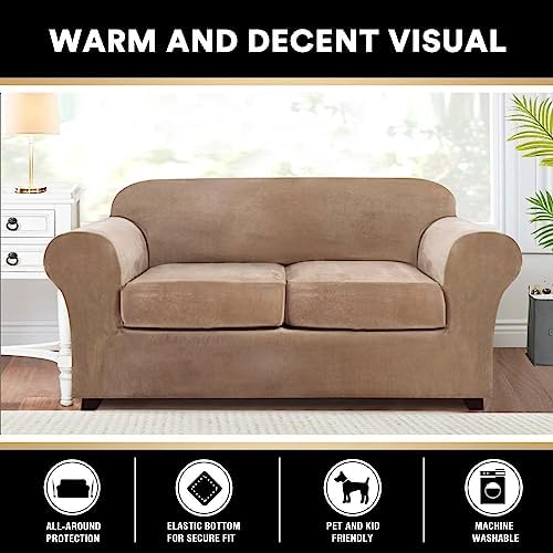 PrinceDeco Couch Cover Velvet Plush Sofa Covers for 2 Cushion Couch Width Up to 90 Inch Washable Furniture Protector Pet Friendly No Slip Sofa Slipcover(Medium-Large, Camel)