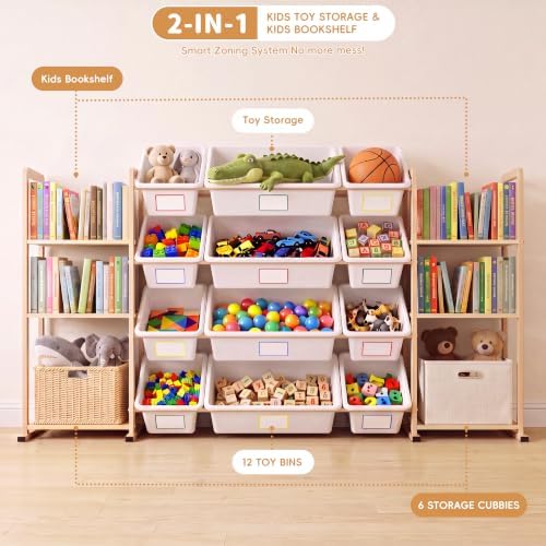 Toy Storage Organizer with 6 Shelves and 12 Removable Storage Bins, Bookshelf/Bookcase, Kids Bin Shelf, Toys Box for Playroom Organization for Bedroom & Room