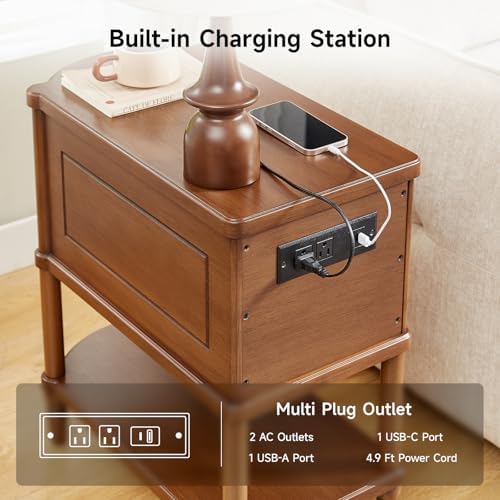 ONBRILL Pre-Assembled Narrow End Table with Charging Station, Walnut