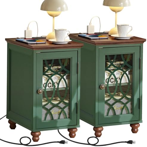 Joaxswe Narrow Side Table Set 2 with Charger, Glass Door Storage