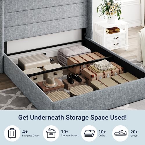 Allewie Full Size Lift Up Hydraulic Storage Bed Frame Blue Grey