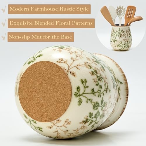 Utensil Holder for Kitchen Counter, Modern Nordic Boho Style Cooking Utensil Holder and Crock Home Kitchen Decor, Ceramic Utensil Organizer for Spatula, Ladle, Eggbeater, Rolling Pin- Green and Beige