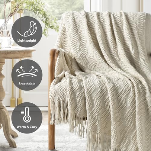 BOURINA Beige Throw Blanket 50x60 Inch Soft Ripple Throw Knitted Blanket