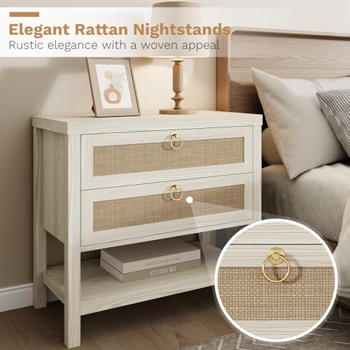 Eclatara Large Rattan Night Stand Set of 2 with 2 Drawers and Storage Shelf