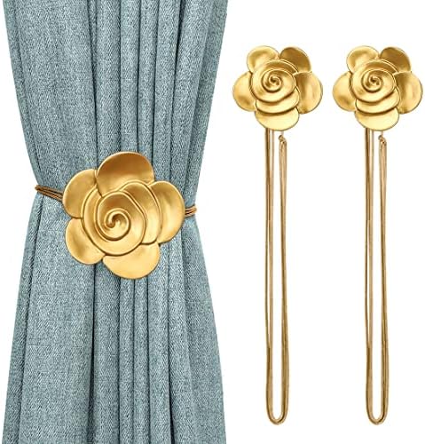 Lewondr Magnetic Curtain Tiebacks, Flower Vintage Curtain Holdbacks, Gold