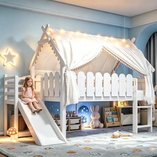 Bellemave Low Loft Bed Twin with Slide and Lights Strip for Kids, White