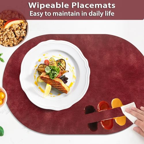 ADRIMER Oval Placemats Set of 8, Wipeable Faux Leather, Wine Red