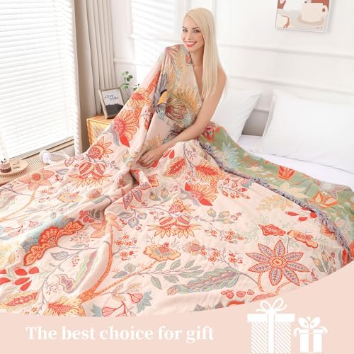 Boho Throw Blanket for Couch Bed, 100% Cotton Soft Rustic Quilt