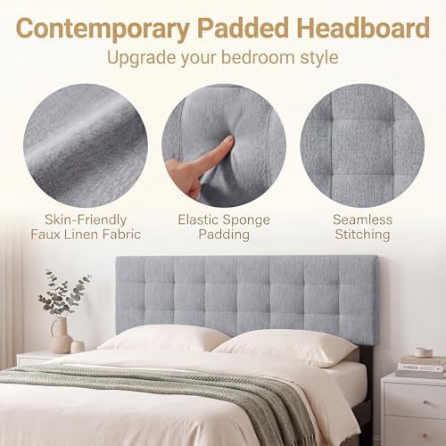 GIANTEX Linen Upholstered Headboard, Queen/Full Size Grid Quilted Fabric Head Board with Wood Support Legs, Attach Frame, Width Adjustable Modern Bed Headboard Only (Gray)