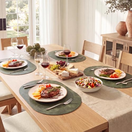 MOSAYT Vinyl Faux Leather Oval Placemats, Set of 6, Olive Green