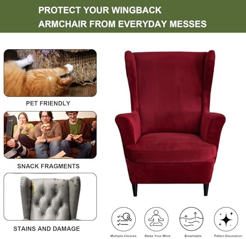 HAOYONG Velvet Wingback Armchair Covers 2-Piece Elastic Stretch Wingback Chair Sofa Slipcover Soft Wingback Chair Slipcover Washable Armchair Protector Cover for Living Room Wedding and Party