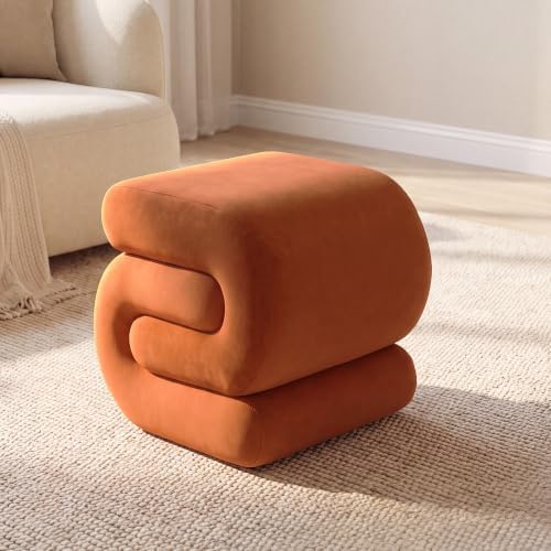 FOXHUNTER S Shape Modern Pouf Ottoman Vanity Stool, Velvet Orange