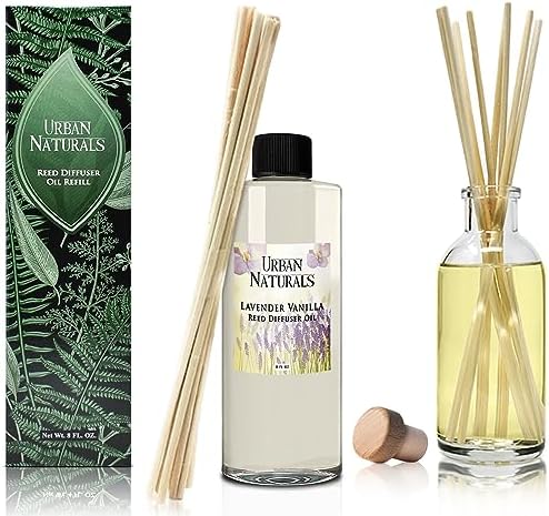 Urban Naturals Reed Diffuser Oil Refill Lavender Vanilla with Creamy Vanilla, White Woods 8 oz + Free Reed Sticks, Made in the USA