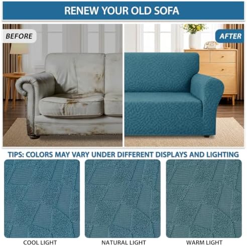 ZNSAYOTX 1 Piece Stretch Sofa Covers for 3 Cushion Couch (72"-90"), New Plaid Couch Cover with Non-Slip Buckle for Dog Pets, Ultimate Soft Cozy Washable Sofa Slipcover Form Fit Protector, Teal