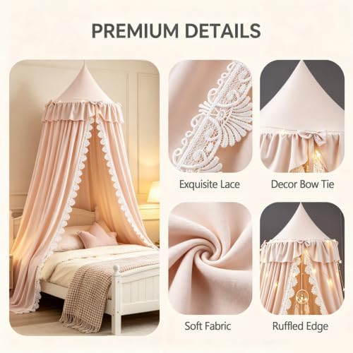 Kertnic Lace & Bow Decor Princess Canopy for Girls Bed, Soft Ruffled Playing Tent Canopy Room Decoration Castle, Reading Nook Canopies in Home (Pink)