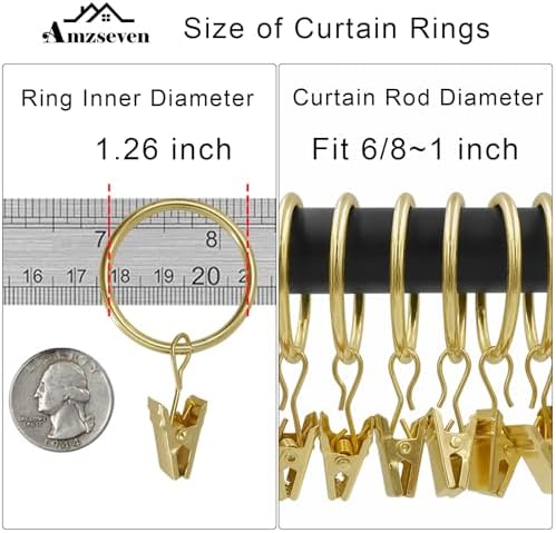 40 Pack Metal Curtain Rings with Clips, 1.26 in ID, Gold