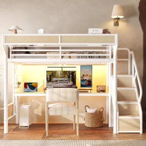 Bellemave Twin Metal Loft Bed with Stairs and Desk for Kids,Adults,White