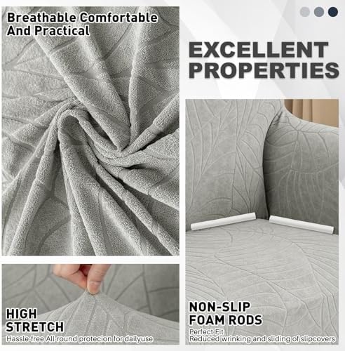 YEMYHOM Couch Cover Latest Jacquard Design High Stretch Sofa Covers for 2 Cushion Couch, Pet Dog Cat Proof Loveseat Slipcover Non Slip Elastic Furniture Protector (Medium, Begonia Leaf Light Grey)
