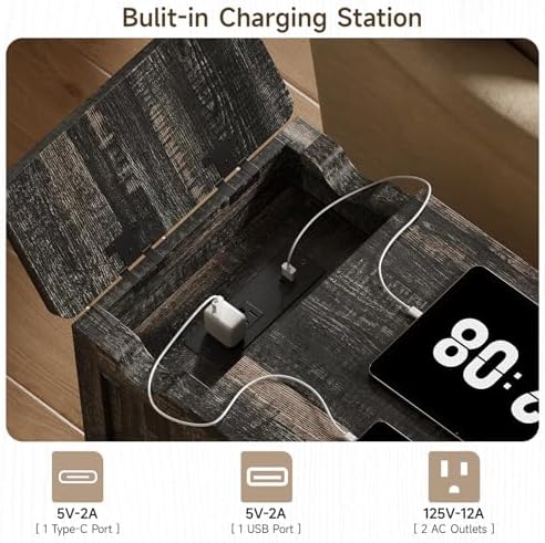 ONBRILL Farmhouse End Table with Charging Station,Dark Brown