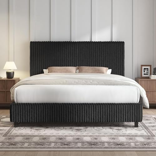 AMERLIFE Upholstered Bed Frame, Metal Bed with Headboard, Full Black