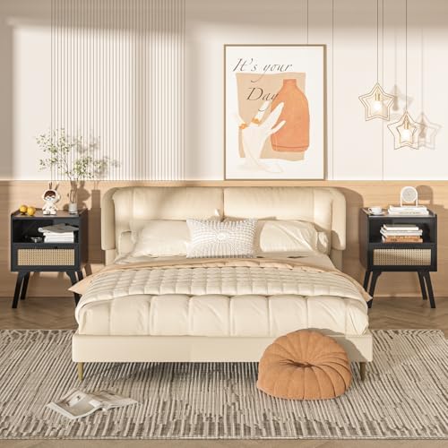 Lerliuo Rattan Nightstand, Bedside Table with Drawer Open Shelf