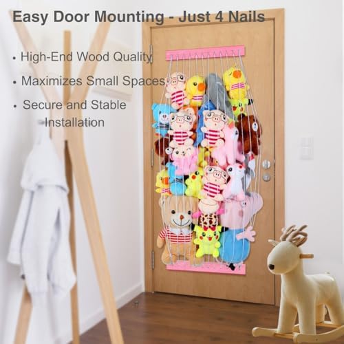 Stuffed Animal Storage Wooden Soft Toy Storage for Kids Room，Wall Mount Door Hanging Stuffed Animal Toy Organizer Shelf for Nursery Play Room Pink -Patent