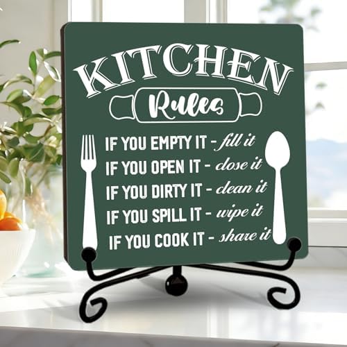 DETIHO Farmhouse Kitchen Decor, Rustic Kitchen Rules Sign Counter Decor