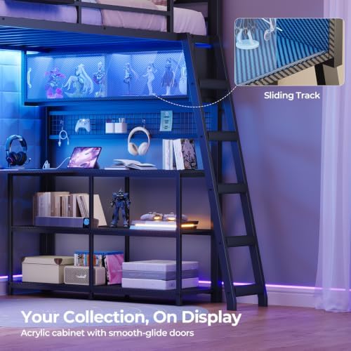 ADORNEVE Gaming Loft Bed Twin Size with U-Shaped Desk & RGB Cabinet, Black