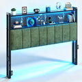 VINGLI Sage Green King Size Headboard for Bed with Storage, Upholstered Head Board with Charger and LED Light, 2 Tier Shelves and Pegboard,Height Adjustable