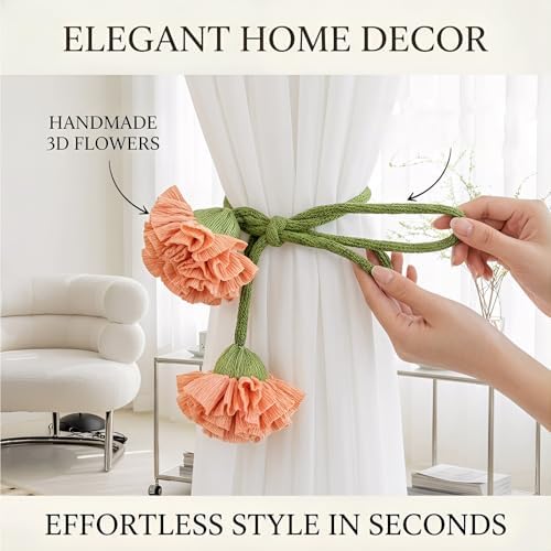 Handmade Curtains Tiebacks, Boho Flower Curtain Tie Backs Curtain Holder Tie Backs for Curtains Braided,Cute Flower Curtain Ties Decorative Rope for Bedroom Window Treatment (Orange)