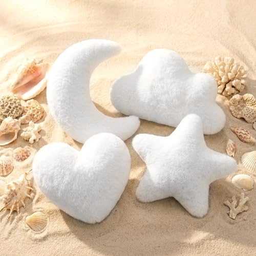 Novabright 4 Pcs Moon Star Cloud Heart Plush Pillow, White 15.7 Inch