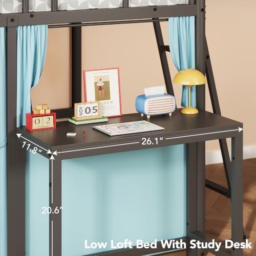 Twin Low Loft Bed with Desk & 4 Storage Drawers, Smart LED Lights,Dark Grey