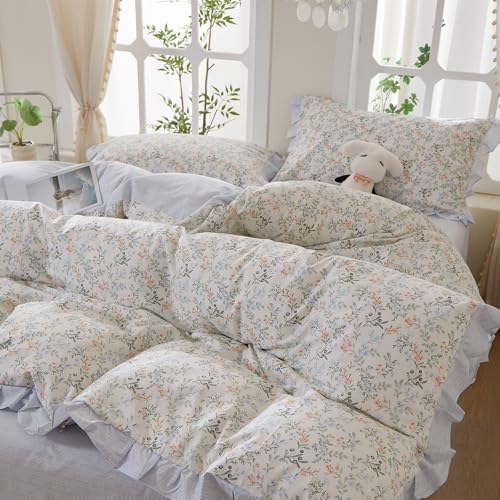 HighBuy Girl Floral Ruffle Duvet Cover Queen,Boho Floral Lace Ruffled 100% Cotton Blue Striped Bedding Coquette,Shabby Vintage Duvet Cover Set Farmhouse Bedding Cooling Breathable for Women