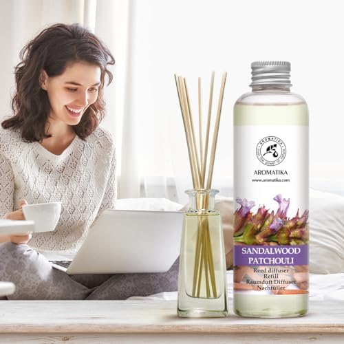 Reed Diffuser Refill Sandalwood & Patchouli 6.4 fl oz - Scented Refill with Essential Oils - Home & Office Fragrance - Aromatherapy - Spa, Boutique