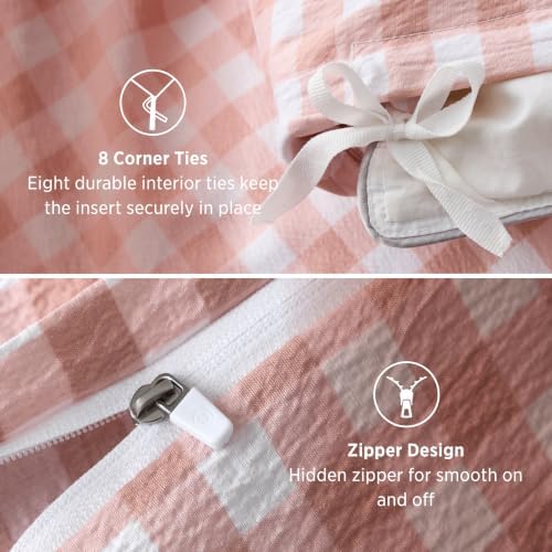 Bedsure Gingham Ruffle Duvet Cover Set, Queen Cotton-Like Quilt Cover, Pink