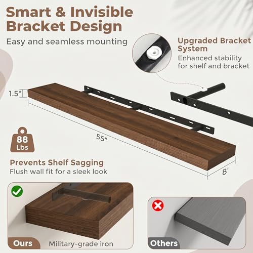 55 Inch Floating Shelves for Wall, 8"D Wood Storage Shelves, Walnut Finish