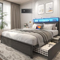 Lifezone Queen Bed Frame with 2-Tier Storage Headboard, Metal Platform Bed Frame with 4 Storage Drawers, Built in Charging Station & LED, Noise-Free/Metal Support/No Box Spring Needed, Rustic Grey