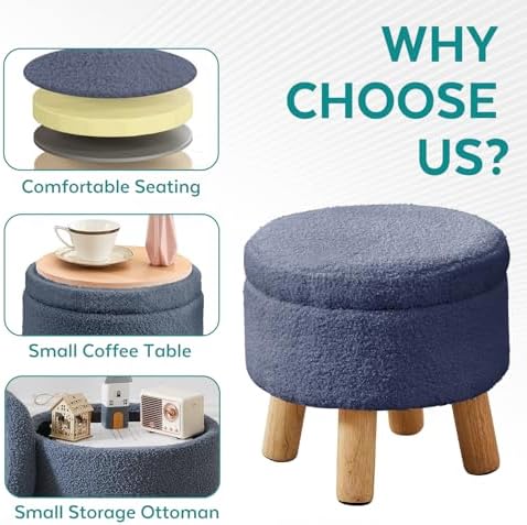 Small Foot Stool Ottoman with Storage, Sherpa Ottoman Foot Rest for Couch, Round Footstool with Storage, Small Ottomans and Footstools for Living Room and Entryway (Navy Blue)