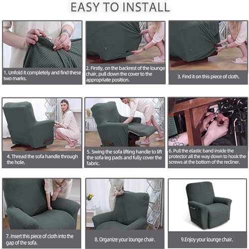 KEKUOU Recliner Chair Covers, 1-Piece Lazy Boy Recliner Covers,Grey