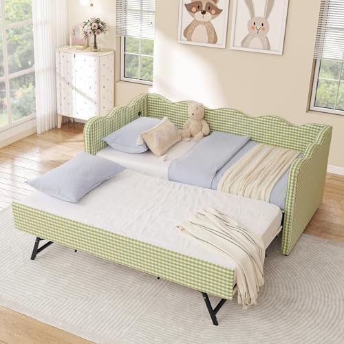 Twin Size Daybed with Pop Up Trundle, Linen Gingham Twin to King Daybed with USB Ports, Upholstered Day Bed Frame, Modern Sofa Bed for Living Room/Bedroom/Guest Room, No Box Spring Needed, Green
