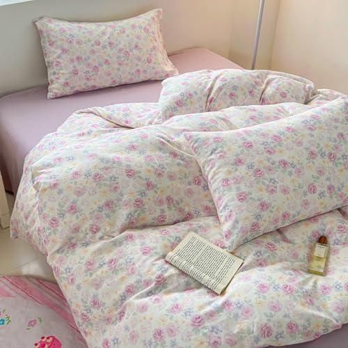 Floral Twin Bed Duvet Cover Boho Pattern Comforter Cover Twin Cotton Double Gauze Cottage Zipper Duvet Cover Set with 2 Pillowcases Flower Farmhouse Bedding Set for Girls Duvet Protector