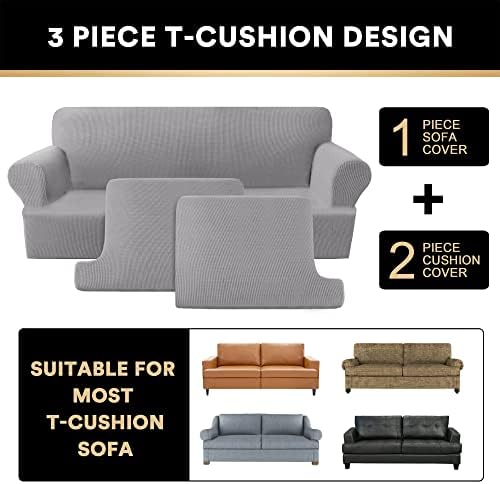PrinceDeco T Cushion Loveseat Slipcover 3 Pieces Sofa Covers for T Cushion Sofa Stretch Slip Covers for 2 Cushion Couch with 2 Individual T Shape Seat Covers Width Up to 76"- Washable, Dove