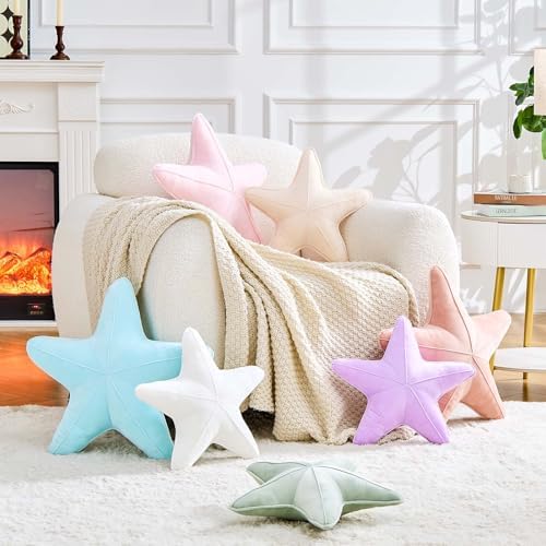 Uvvyui Starfish Pillow Cute Star Decorative Throw Pillows with Soft Velvet Sea Pillow Aesthetic Home Decor Ocean Beach Cushion（White, 15 Inch）