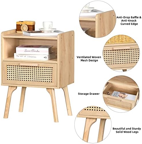 Lerliuo Rattan Nightstand, Boho Side Table with Drawer Open Shelf