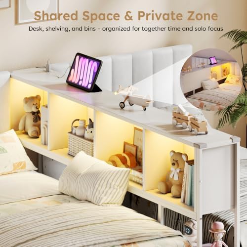 Twin Beds for 2 Kids with Storage Bookcase Divider,Charging Station and LED