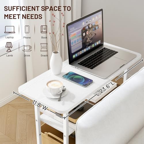 SLEEPING LAMB Side Table for Living Room, 3-Tier End Table for Small Space with Wide Storage Tabletop, Elegant White Narrow Nightstand for Bedroom, Sofa Couch