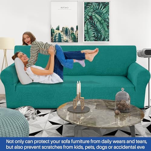YEMYHOM Couch Cover Latest Jacquard Design High Stretch Sofa Covers for 3 Cushion Couch, Pet Dog Cat Proof Slipcover Non Slip Magic Elastic Furniture Protector (Large, Begonia Leaf Blackish Green)